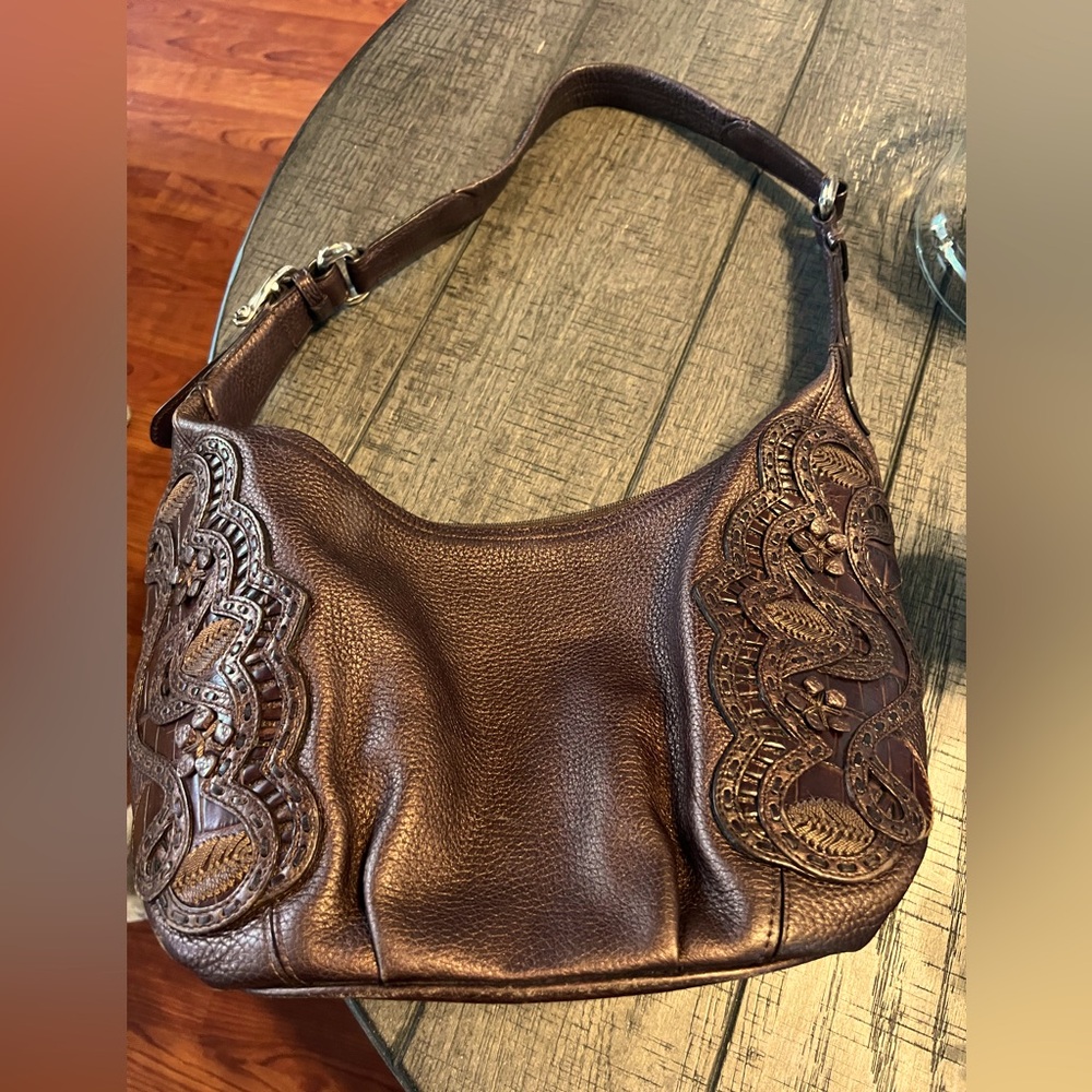 BRIGHTON NIKKI Brown Bronzed LEATHER Med. Messenger HOBO Messenger Shoulder BAG